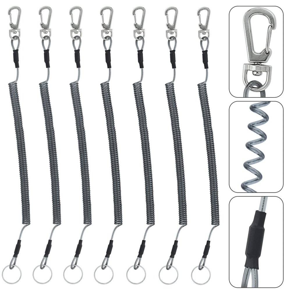 BB Hapeayou Fishing Lanyard (7Pcs) Safety Retractable Coiled Tether with Carabiner and Split Ring for Pliers, Boating, Tools(Black)