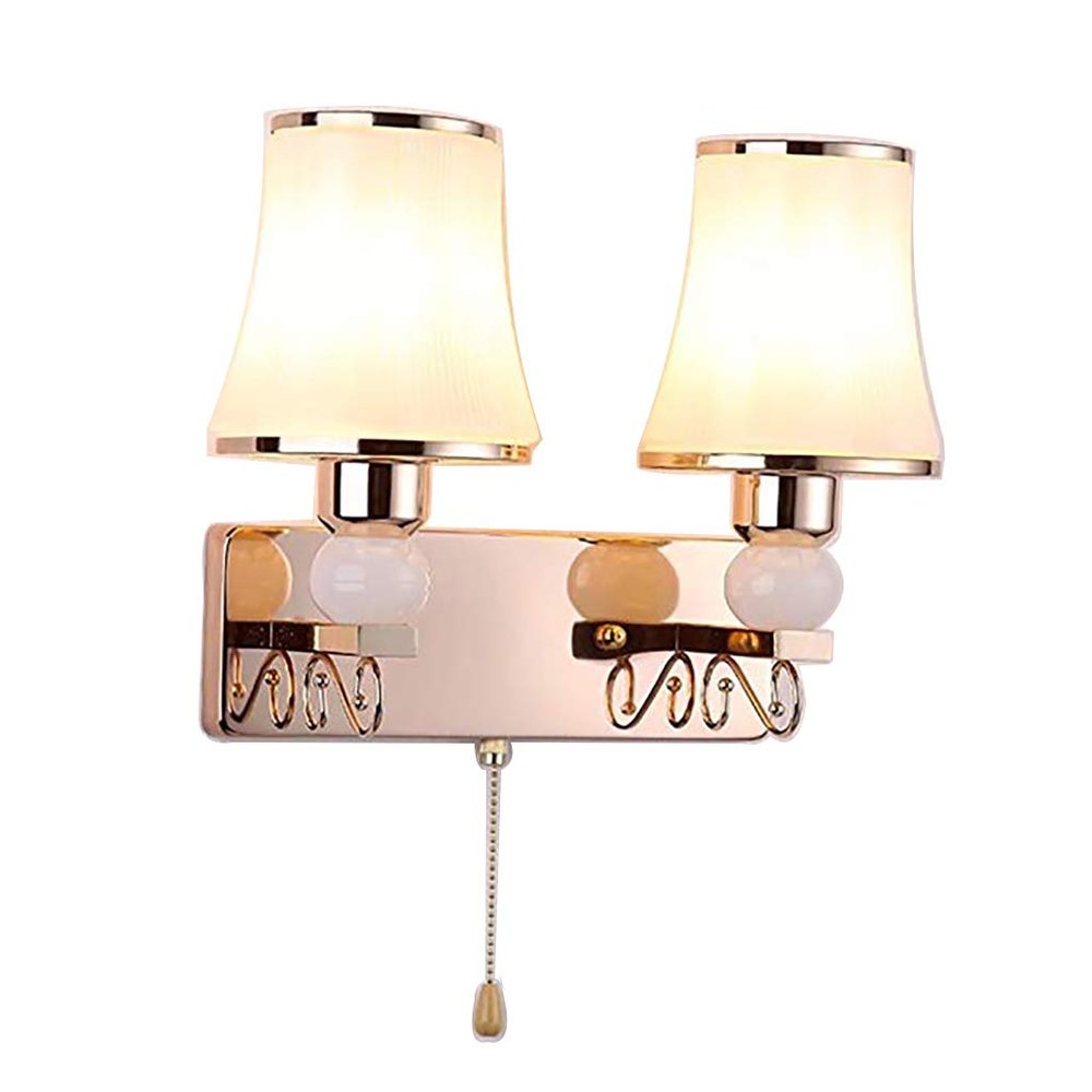 ZJZTD E27 Pull Chain Wall Light Lamp Metal Glass Shade for Bedside Lamp/Living Room/Wall Sconce/Stair Lamp, Gold Color (Size : Double Head)