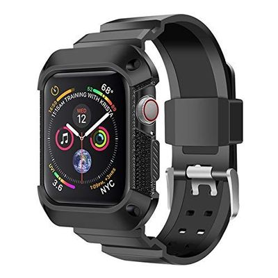 NatoGears Rugged Protective Case & Strap Band Compatible with Apple Watch Series 4-2018 44mm with Metal Buckle Clasp - Sport Edition (Black/Black)