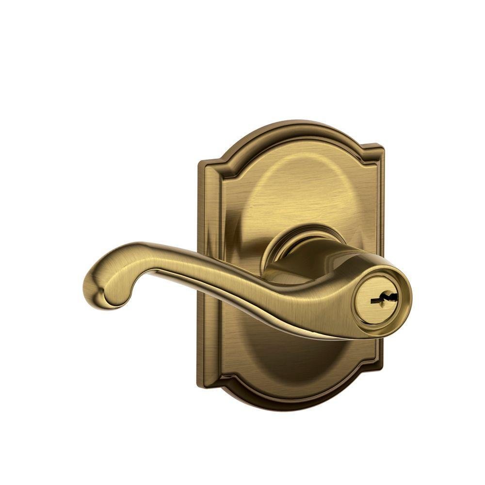 SCHLAGE F51A FLA 609 CAM Flair Lever with Camelot Trim Keyed Entry Lock, Antique Brass