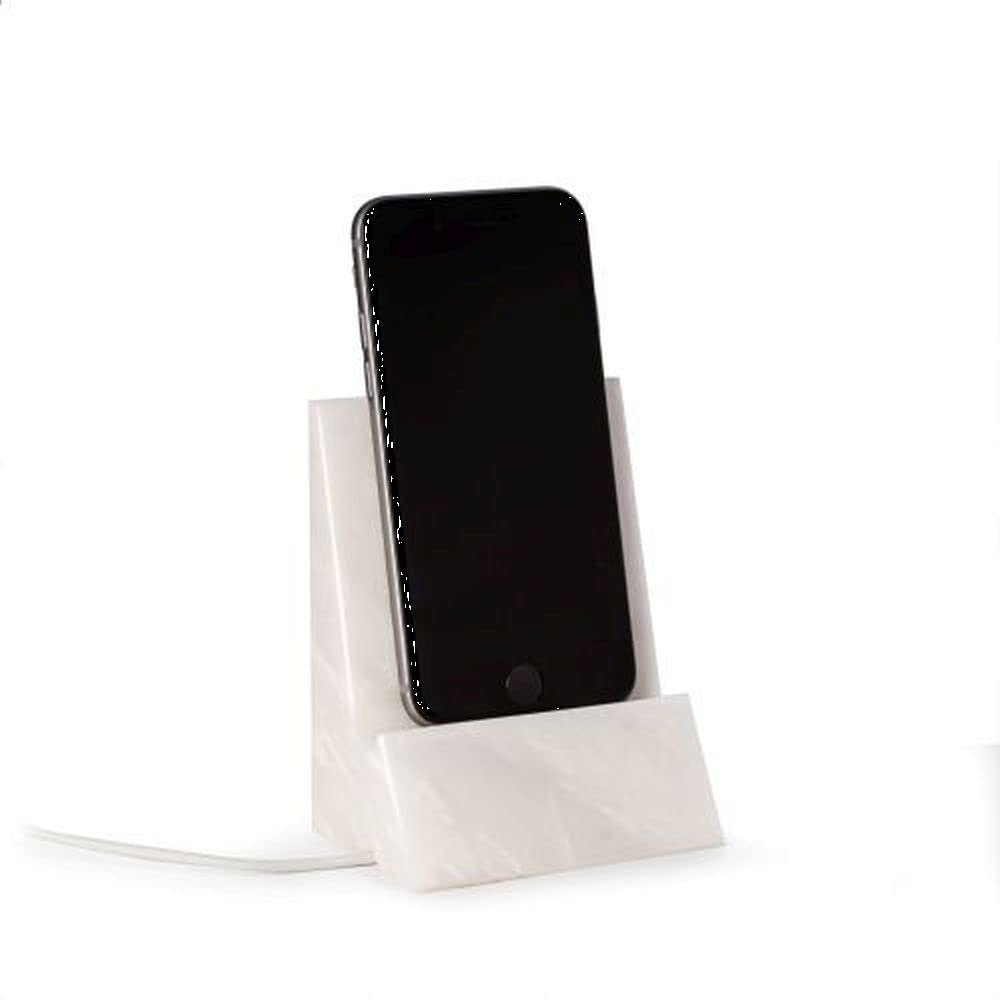 White Marble Desktop Phone/Tablet Cradle with a Pass-Thru Hole for Charging Cable.