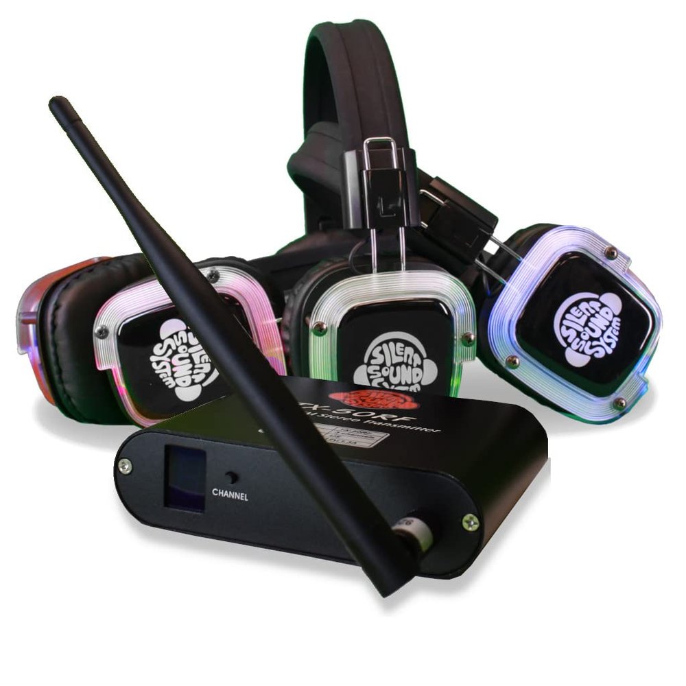 Silent Sound System Silent Disco LED Headphone Package (5 RF Headphones/1 Wired Transmitter)
