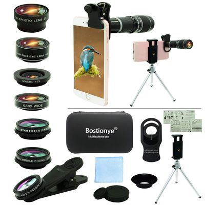 Cell Phone Camera Lens Kit,11 in 1 Universal 20x Telephoto 0.63Wide Angle 15X Macro 198Fisheye 2X Telephoto Kaleidoscope CPL Starlight Eyemask Tripod,for Most iPhone Smartphone (Black)