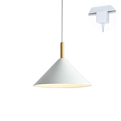 ANYE White Cone Shade Light Fixtures H-Type Track Light Pendants 1.6ft Cord Wooden Handle Pendant Light Nordic Minimalist Style for Restaurant Dining Room Bulb Sold Separately