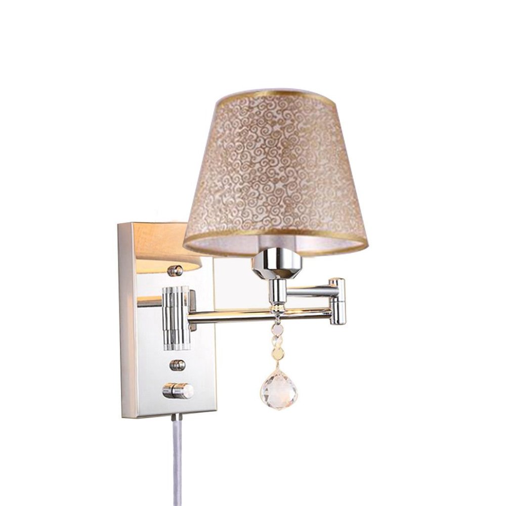 ZJZTD Plug-in Swing Arm Wall Sconce E27 Metal Crystal and Cloth Shade Living Room Bedroom Bedside Study Wall Lamp (Size : 32cm25cm)