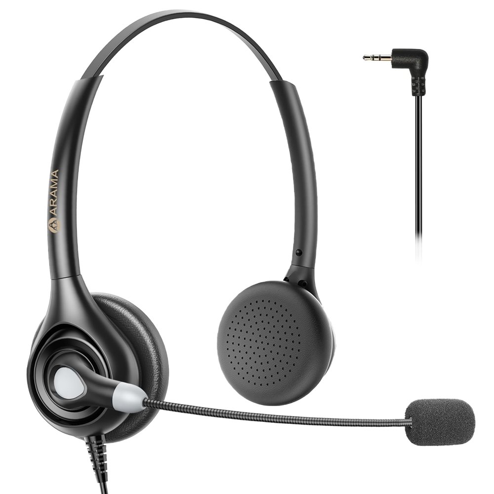 Arama Cordless Phone Headset with Microphone, 2.5mm Jack Telephone Headset for Office Landline, Noise-Cancelling Mic & Volume Control, Wired Headphones Compatible with Panasonic AT&T Vtech Uniden