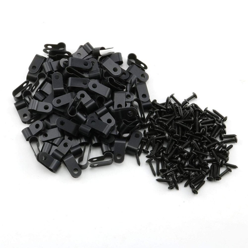 heyous 100pcs 1/4 inch (6.4mm) R-Type Cable Clamp Nylon Wire Hose Tube Fastener Fixed Cable Tie Mount Organizer Holder R Type Cable Clip with Mounting Screw Black