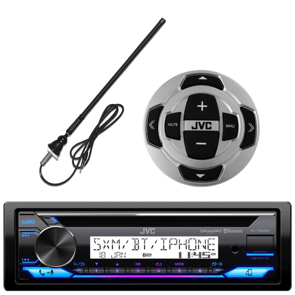 Single DIN in-Dash Marine Boat Yacht Bluetooth Radio USB Stereo Receiver CD Player Bundle Combo with Wired Remote and Rubber Mast Radio Antenna