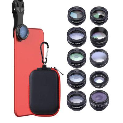 Multi-Function Filter, Fisheye, Wide-Angle, Macro, Telephoto, CPL, Kaleidoscope, etc,10-in-1 Suit, Universal Phone Lens (Black)
