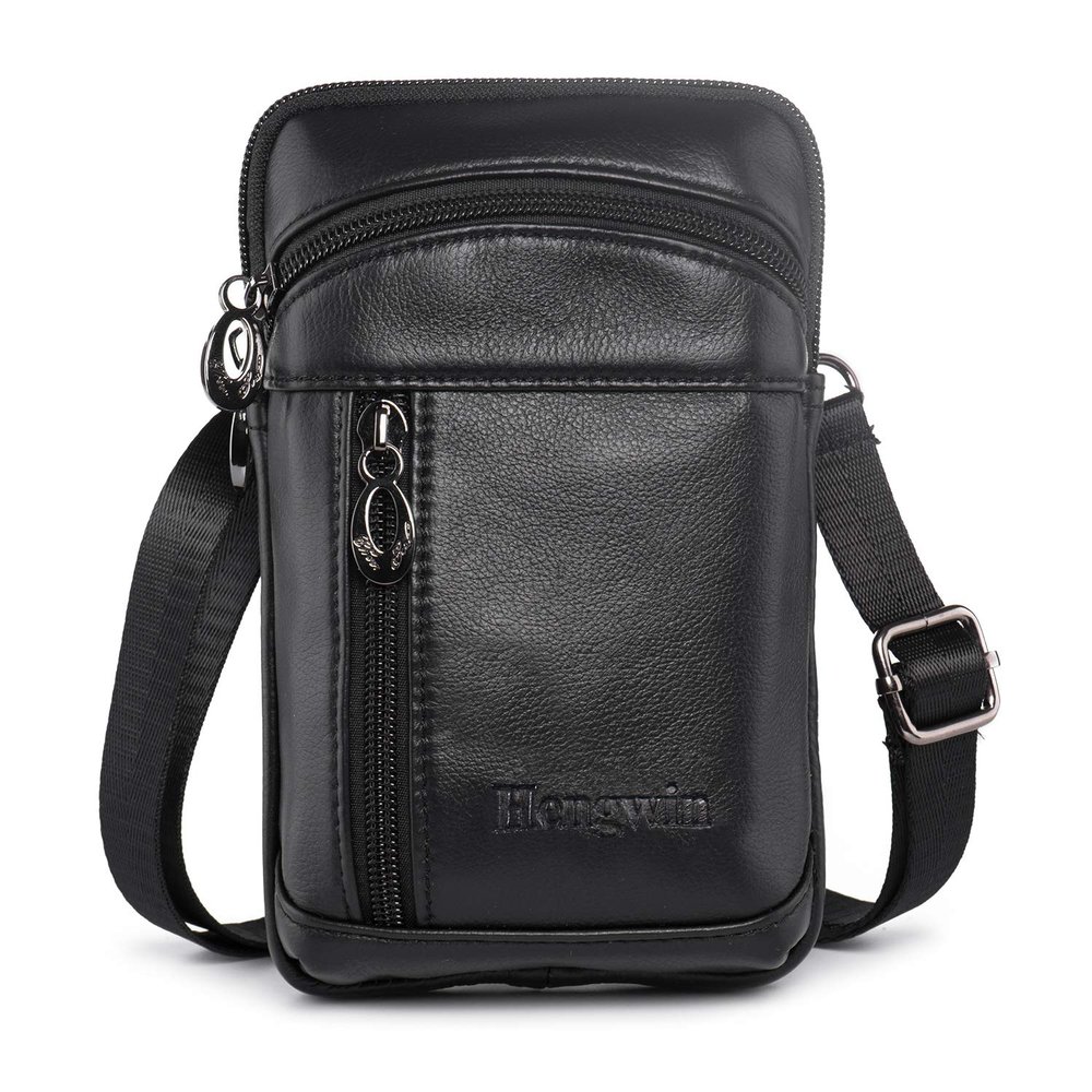 hengwin Small Leather Crossbody Shoulder Bag Men Belt Clip Phone Holster Case Belt Loop Pouch Waist Bag Pack Fit for iPhone 17/16/15/14/13 Pro Max Galaxy Note 9 8 S25/S24/S23 Ultra (Black)