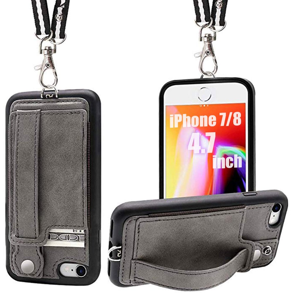 TOOVREN Case for iPhone SE Lanyard Neck Strap for iPhone 8 Case with Card Holder Phone 7 Wallet Cases with Kickstand Leather PU Card Holder Wallet Gray