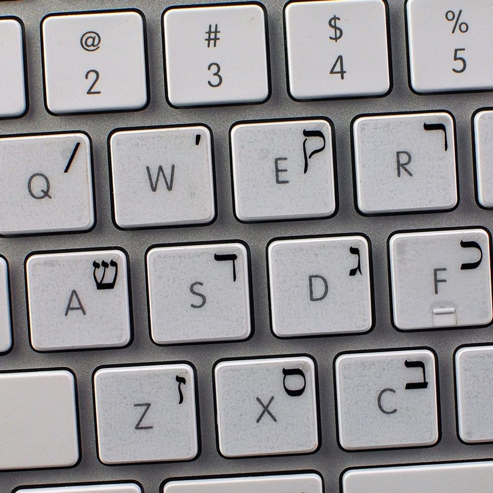 Hebrew Apple Keyboard Labels Layout with Blue, Black, Orange, RED OR White Lettering ON Transparent Background for Desktop, Laptop and Notebook (Black)