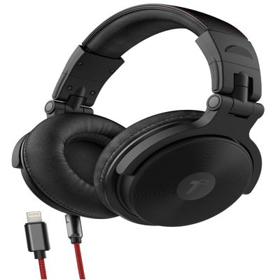 Thore Over Ear iPhone Headphones with Lightning Connector (Apple MFi Certified)  Closed Back Studio DJ Monitor Earphones (50mm Neodymium Drivers) (V200 Black/Red)