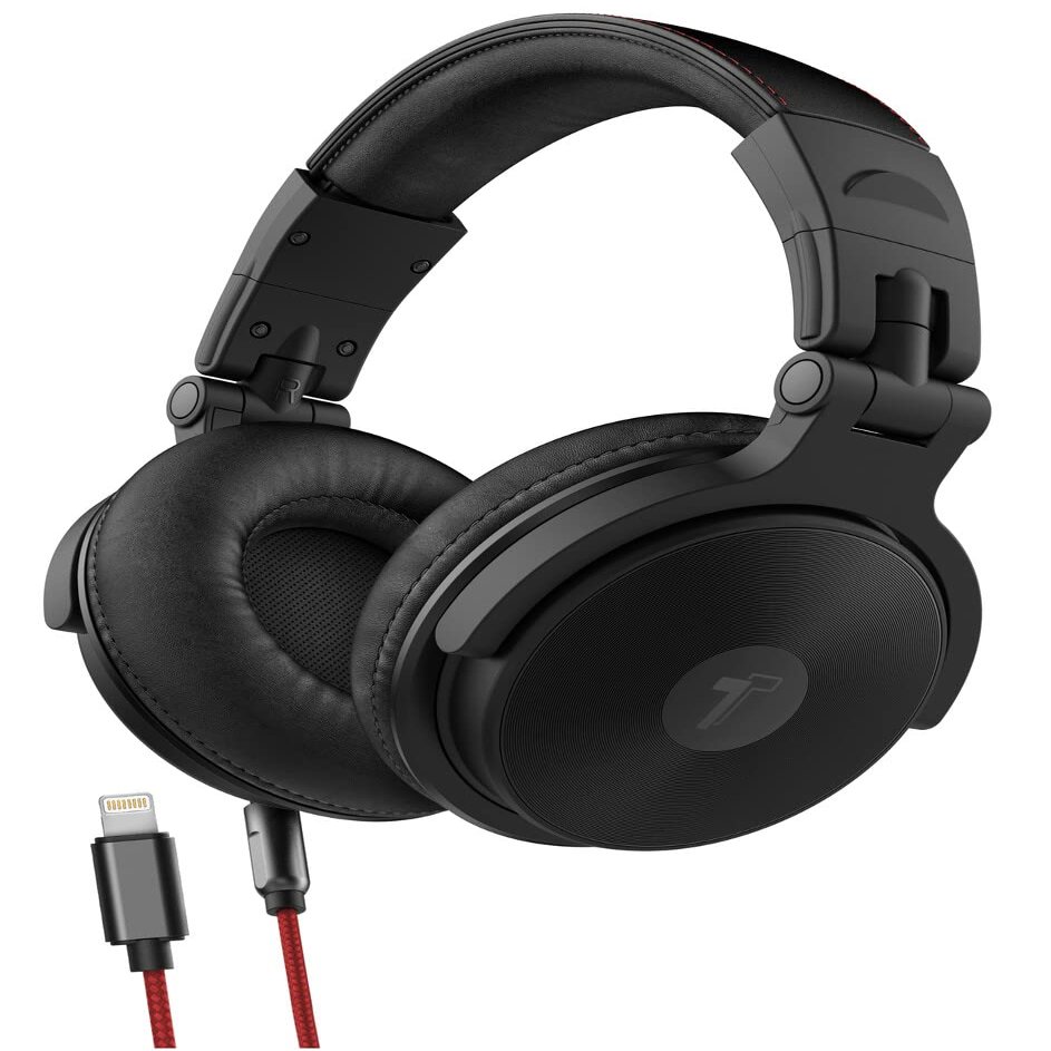 Thore Over Ear iPhone Headphones with Lightning Connector (Apple MFi Certified)  Closed Back Studio DJ Monitor Earphones (50mm Neodymium Drivers) (V200 Black/Red)