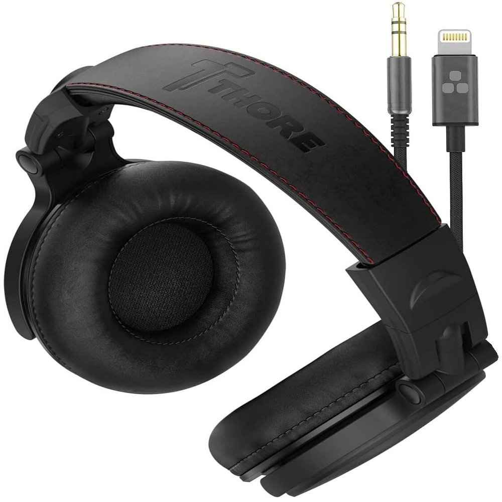 Thore Over-Ear iPhone Headphones with Lightning Connector  Closed Back Studio DJ Monitor Earphones w/Apple MFI Certified Cable (50mm Neodymium Drivers, V200 Black)