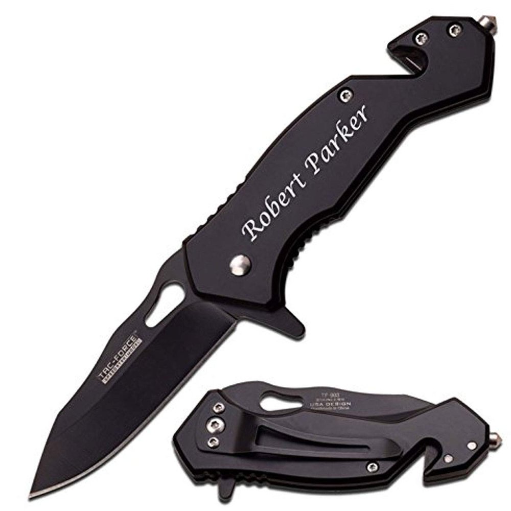 GIFTS INFINITY Free Engraving - Titanium Coated Stainless Steel Pocket GLASS BREAKER Knife (Black-1)