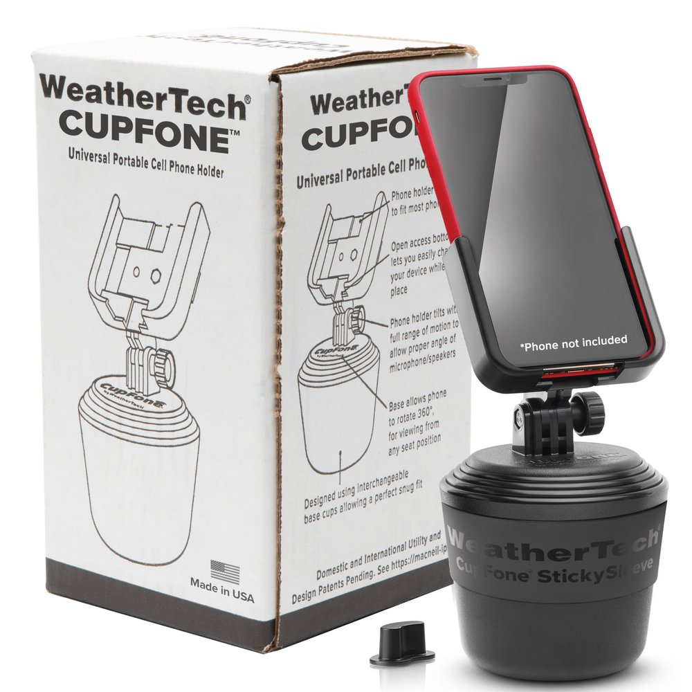 WeatherTech CupFone, Universal Cup Holder Phone Mount for Cars  Adjustable & Secure Fit with Open Access for Charging  Compatible with iPhone, Android - Plastic Knobs, Black