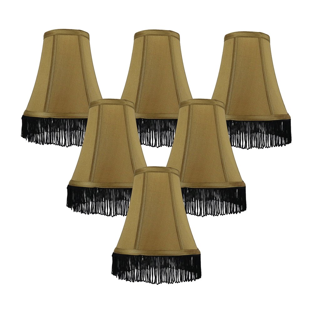 Urbanest Set of 6 Gold with Black Fringe Silk Bell Chandelier Lamp Shade, 3-inch by 6-inch by 5-inch, Clip-on
