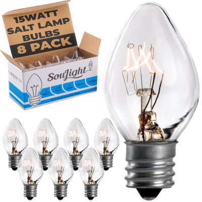SouLight Salt Lamp Light Bulb - 15 Watt Replacement Bulbs for Himalayan Salt Lamps & Baskets, Chandeliers, Candle & Wax Warmers, Night Light Bulbs. E12 Socket, C7, Warm White 8 Pack