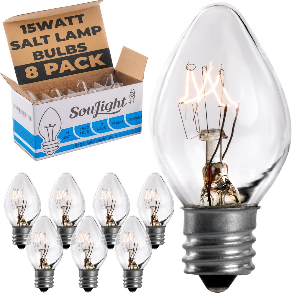 SouLight Salt Lamp Light Bulb - 15 Watt Replacement Bulbs for Himalayan Salt Lamps & Baskets, Chandeliers, Candle & Wax Warmers, Night Light Bulbs. E12 Socket, C7, Warm White 8 Pack