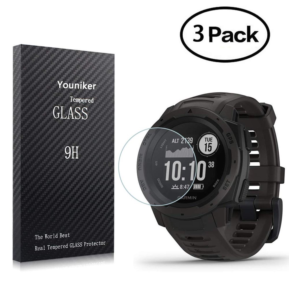 Youniker 3 Pack For Garmin Instinct Screen Protector Tempered Glass For Garmin Instinct Smart Watch Screen Protectors Foils Glass 9H 0.3MM,Anti-Scratch,Bubble Free