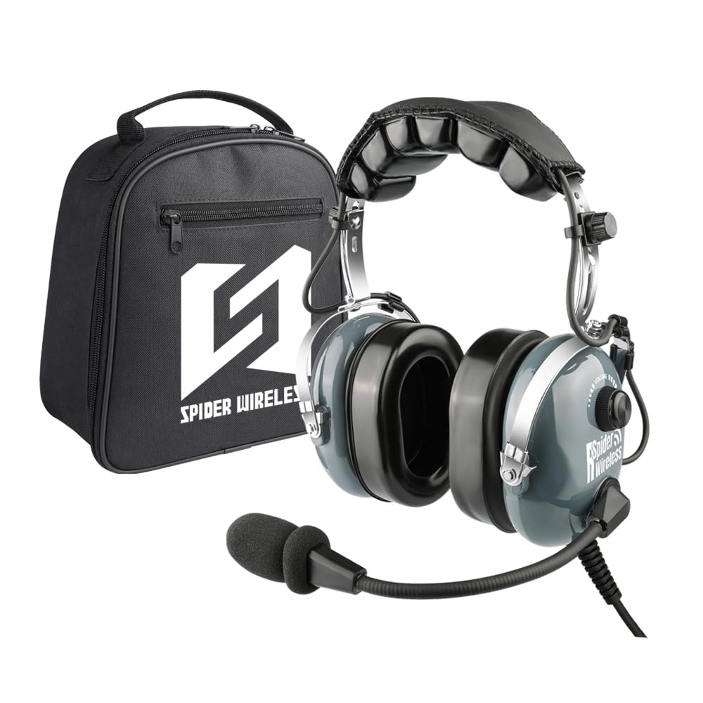 R SPIDER WIRELESS Aviation Pilot Headset, Comfortable Gel Ear Seals Headset, Passive Noise Cancelling, Aux Inputs, Dual Plug and Carrying Case(Grey)