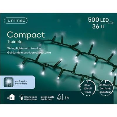 Lumineo 500 LED Cool White Christmas Compact Lights Set, Green Wire 36 Feet