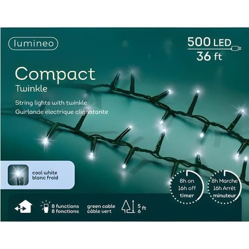 Lumineo 500 LED Cool White Christmas Compact Lights Set, Green Wire 36 Feet