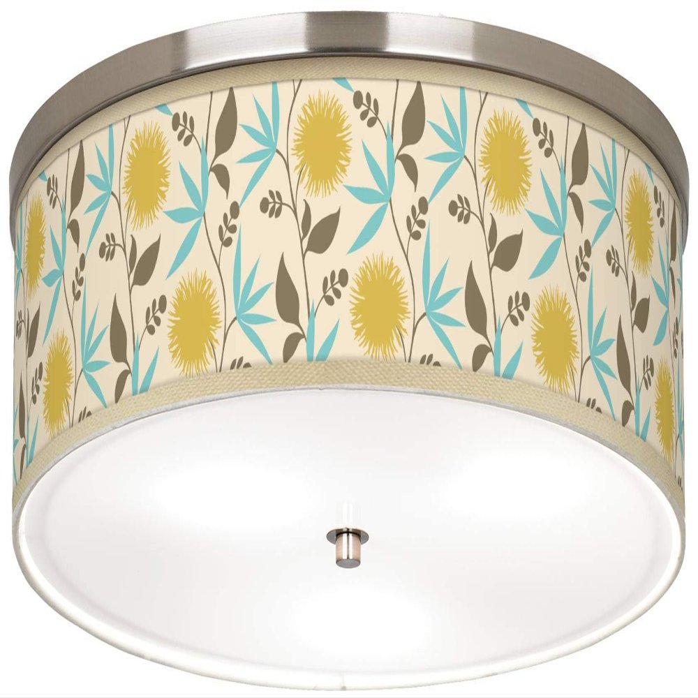 Liz Modern Ceiling Light Flush-Mount Fixture 20 1/4" Wide Brushed Nickel Silver Dahlia Pattern Giclee Print Drum Shade for Bedroom Kitchen Living Room Hallway Bathroom House