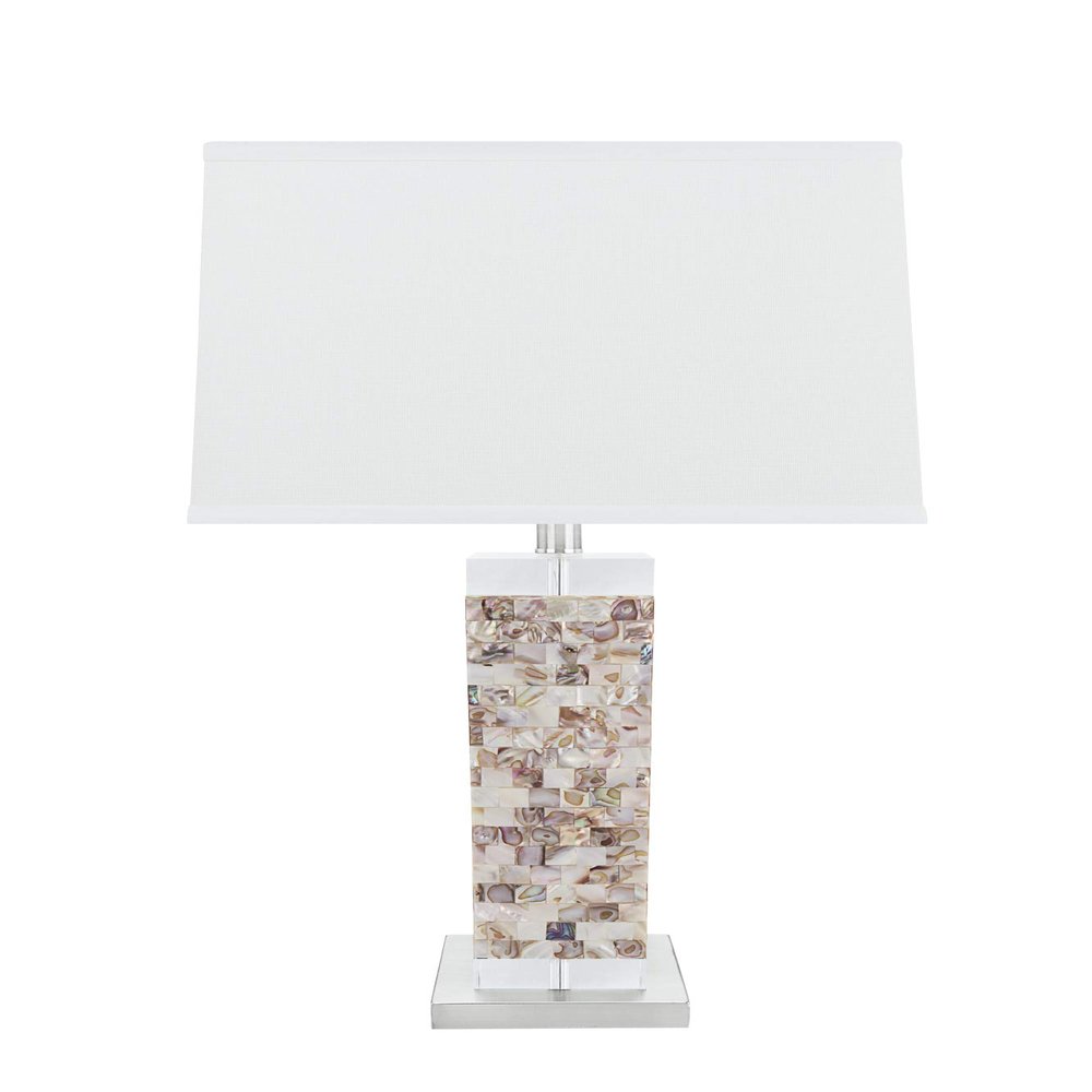Aspen Creative 40168-11, 29" High Transitional Metal & Shell Table Lamp, Satin Nickel Finish and Hardback Rectangular Shaped Lamp Shade in White, 13"x13" Wide