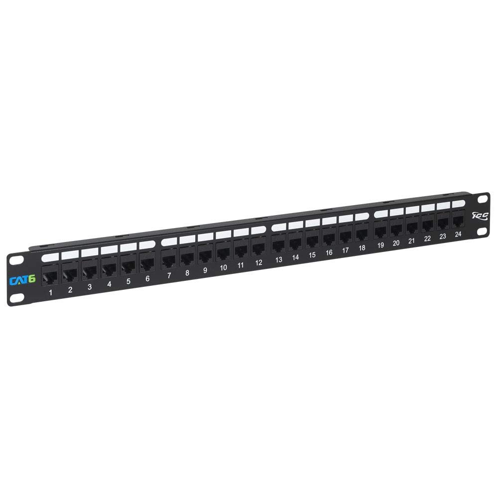 ICC CAT6 Feed-Through Patch Panel, 24 Port, 1U Rackmount, RJ45 Ethernet Patch Panel, No Punch Down, PoE++ and TAA Compliant, Black
