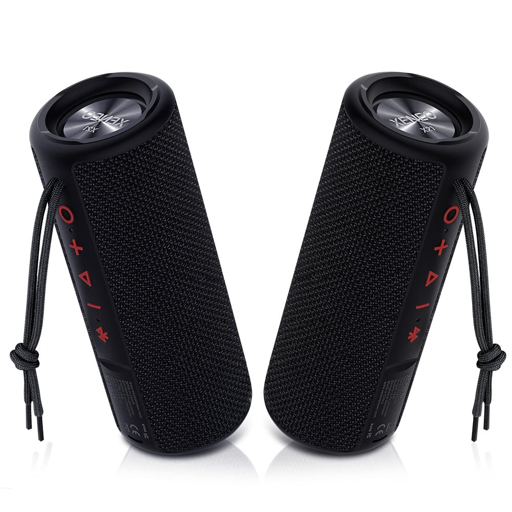 XENEO X21 Dual Portable Bluetooth Speakers Waterproof Outdoor Wireless Stereo Pairing with FM Radio, Micro SD Card, IPX6, Aux Jack 30W for Home, Office, Party and Travel (Pack 2 Black)