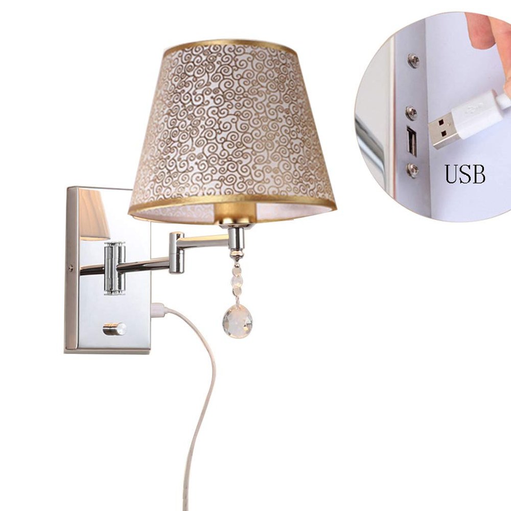 LIN XIAO HAO mayu USB Reading Swing Arm Wall Lamp Light,Bedside Reading Wall Lamp Light,Living Room Wall Lamp Light,Wall Sconces,USB Charging Port,Metal+Cloth (Size : 32cm25cm)