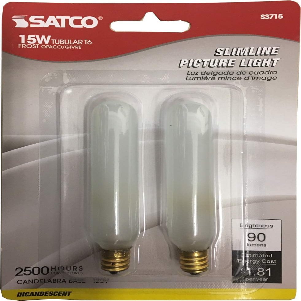 Satco S3715 Set of 3 Blister Packs Each with Two T6 Candelabra Tubular 15 Watt 120V Incandescent Dimmable Frosted Bulbs; Total of 6 Bulbs; C-5A Filament; E12 ANSI Base; 2700K Warm White