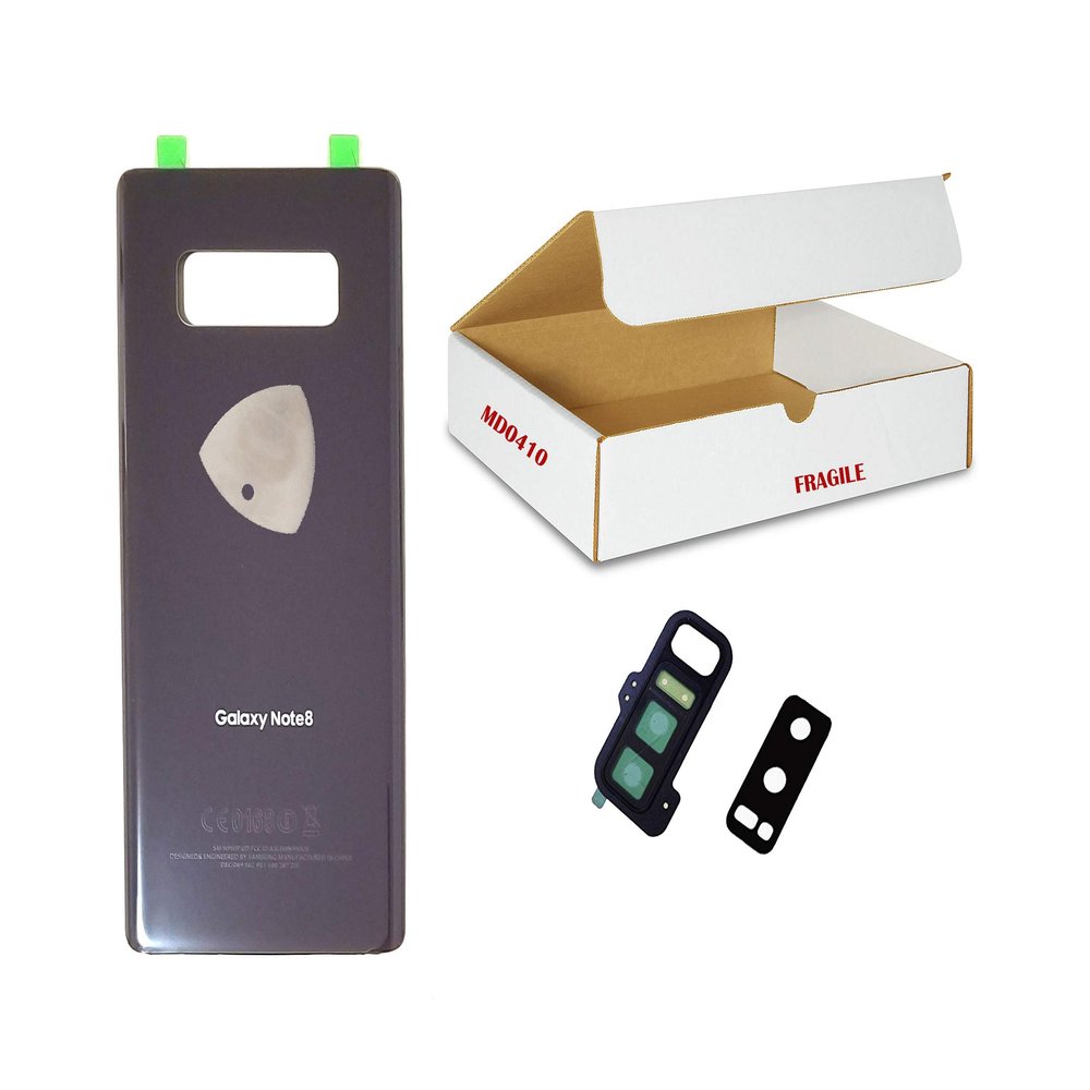 md0410 Replacement Compatible with Samsung Galaxy Note 8 Phone Model N950 - Orchid Grey Gray Back Glass with Rear Camera Flash Lens Metal Frame Cover and Opening/Repair Tool