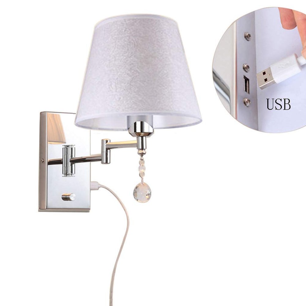 ZJZTD USB Charging Port Wall Lamp with Switch Reading Swing Arm Bedside Living Room Metal + Cloth Wall Sconce (Size : 32cm25cm)