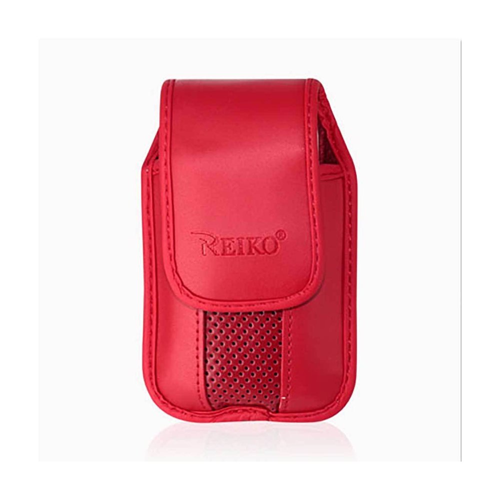 Red Leather Vertical Pinch Clip case with Magnetic snap fits Tracfone Alcatel MyFlip A405DL.