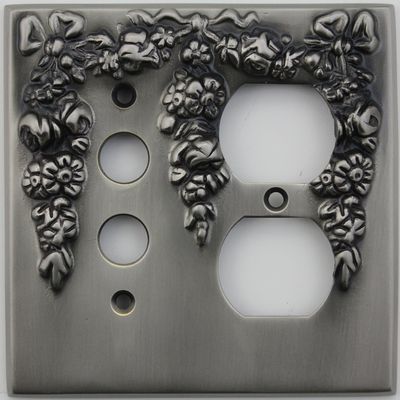 Classic Accents Decorative Antique Pewter Two Gang Combination Wall Plate - One Push Button Light Switch Opening One Duplex Electrical Outlet