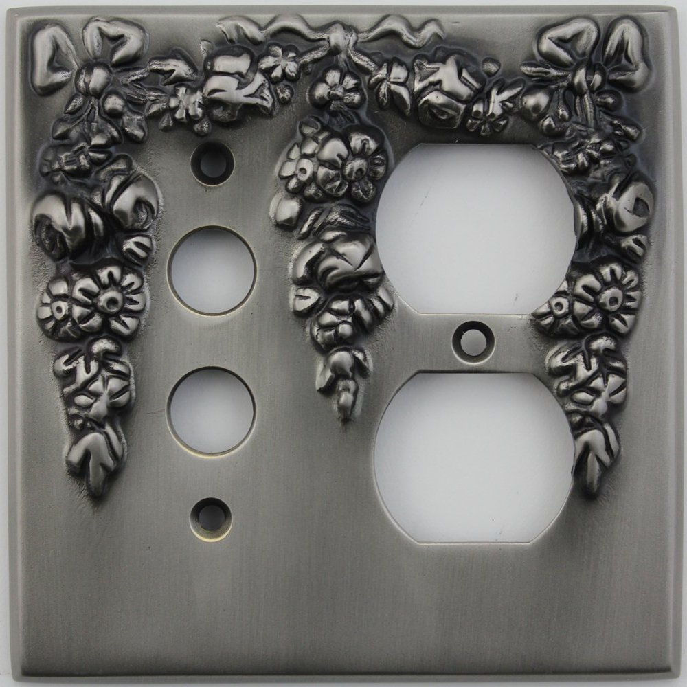 Classic Accents Decorative Antique Pewter Two Gang Combination Wall Plate - One Push Button Light Switch Opening One Duplex Electrical Outlet