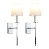 PERMO Set of 2 Classic Rustic Industrial Wall Sconce Lighting Fixture with Flared White Textile Lamp Shade and Chrome Tapered Column Stand, Hardwired, E26 Base view 1