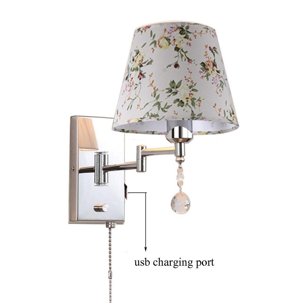 LIN XIAO HAO mayu USB Reading Pull Chain Wall Lamp Swing Arm Light,Bedside Reading Living Room Wall Lamp Light,USB Charging Port,Metal & Cloth Wall Sconces (Size : 30cm22cm)