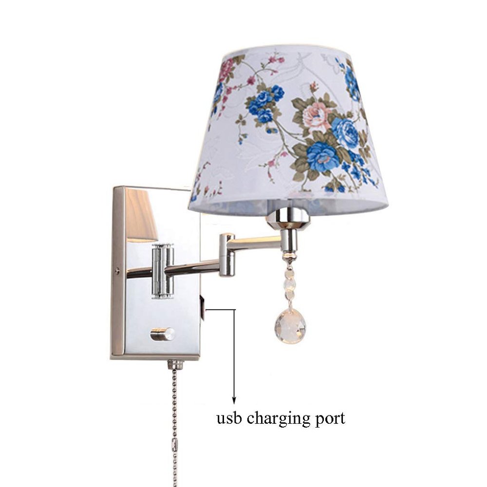 LIN XIAO HAO mayu USB Reading Pull Chain Wall Lamp Swing Arm Light,Bedside Reading Living Room Wall Lamp Light,USB Charging Port,Metal & Cloth Wall Sconces (Size : 30cm22cm)