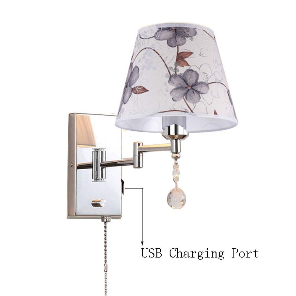 LIN XIAO HAO mayu USB Reading Pull Chain Wall Lamp Swing Arm Light,Bedside Reading Living Room Wall Lamp Light,USB Charging Port,Metal & Cloth Wall Sconces (Size : 30cm22cm)