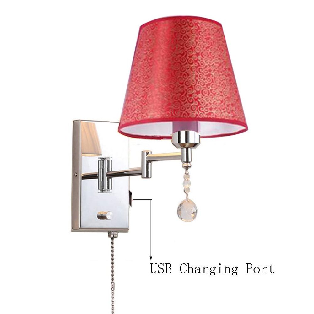 LIN XIAO HAO mayu USB Reading Pull Chain Wall Lamp Swing Arm Light,Bedside Reading Living Room Wall Lamp Light,USB Charging Port,Metal & Cloth Wall Sconces (Size : 30cm22cm)