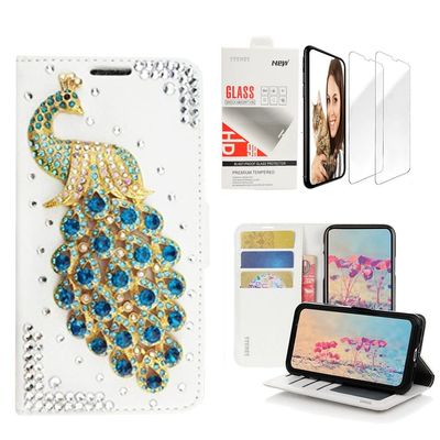 STENES Bling Wallet Case Compatible with iPhone Xs Max - 3D Handmade Peacock Design Leather Case with Wrist Strap & Screen Protector [2 Pack] - Green