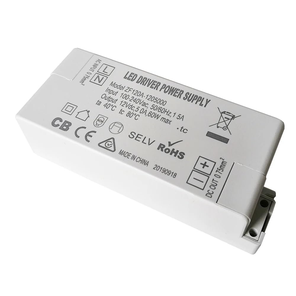 ZF120A-1205000 12V 60W Constant Voltage AC/DC Adapter LED Driver Lighting Transformer for LED Lamp Strip, 2-Pack