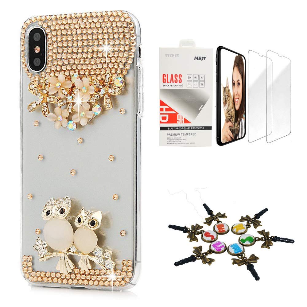 STENES Bling Case Compatible with iPhone X/Xs - Stylish - 3D Handmade [Sparkle Series] Flowers Floral Night Owl Design Cover with Screen Protector [2 Pack] - Champagne