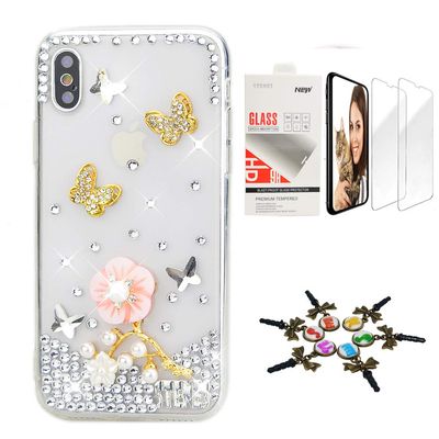 STENES Bling Case Compatible with iPhone X/Xs - Stylish - 3D Handmade [Sparkle Series] Flowers Butterfly Design Cover with Screen Protector [2 Pack] - Pink