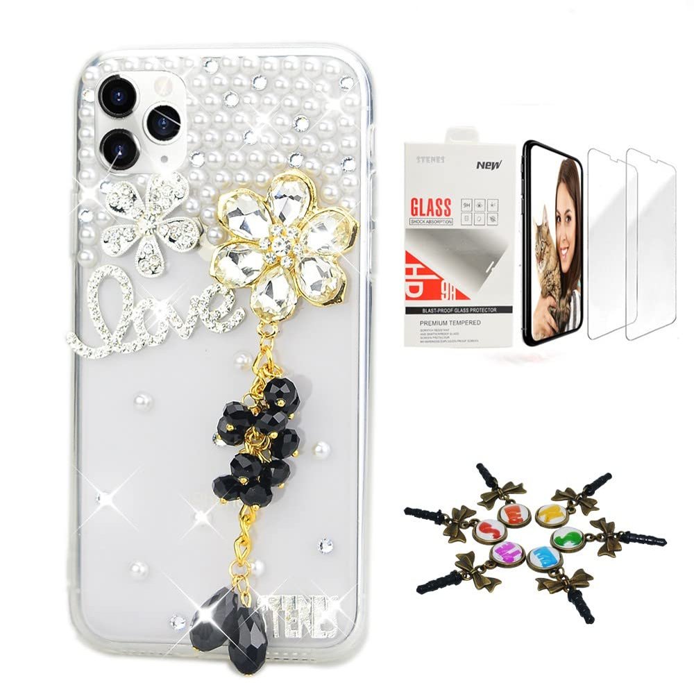 STENES Bling Case Compatible with iPhone Xs Max - Stylish - 3D Handmade [Sparkle Series] Flowers Rhinestone Pendant Design Cover with Screen Protector [2 Pack] - Black