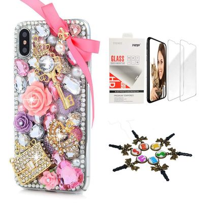 STENES Bling Case Compatible with iPhone X/Xs - Stylish - 3D Handmade [Sparkle Series] Bowknot Crown Key Bag Rose Flowers Design Cover with Screen Protector [2 Pack] - Pink
